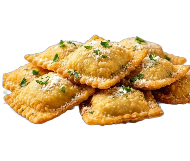 A pile of golden fried ravioli dusted with Parmesan and parsley